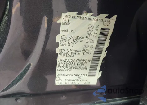 2012 Nissan Armada Platinum z USA, uszkodzony, nr VIN 5N1BA0NFXCN608503